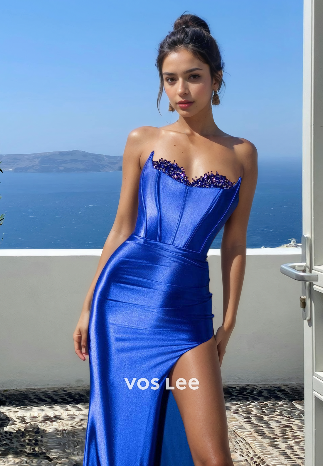 Royal Blue Strapless Sheath High Split Back Zipper Satin Prom Formal Dress