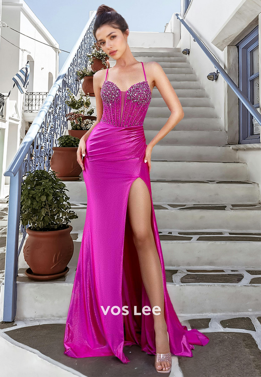 Luxury Column Fuchsia Deep V Neck Spaghetti Straps Sequins Prom Graduation Dress