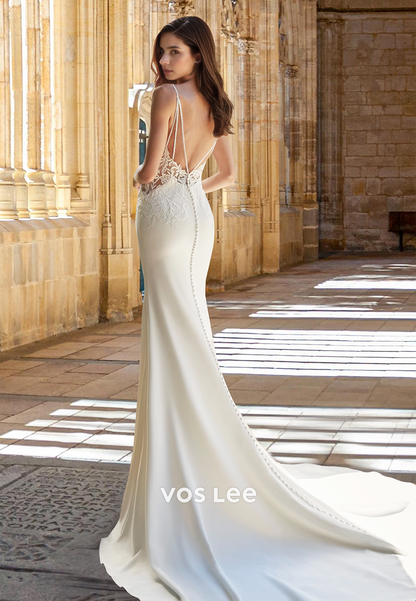 Mermaid V Neck Backless Court Train Lace Appliques Ruched Wedding Dress