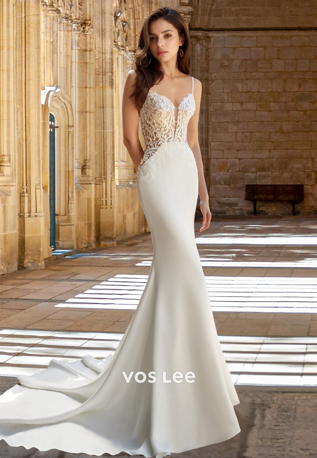 Mermaid V Neck Backless Court Train Lace Appliques Ruched Wedding Dress