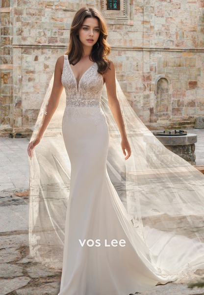 Elegant Column V Neck Sleeveless Lace Up Appliques Tulle Wedding Dress VOS LEE Elegant Column V Neck Sleeveless Lace Up Appliques Tulle Wedding Dress VOS LEE