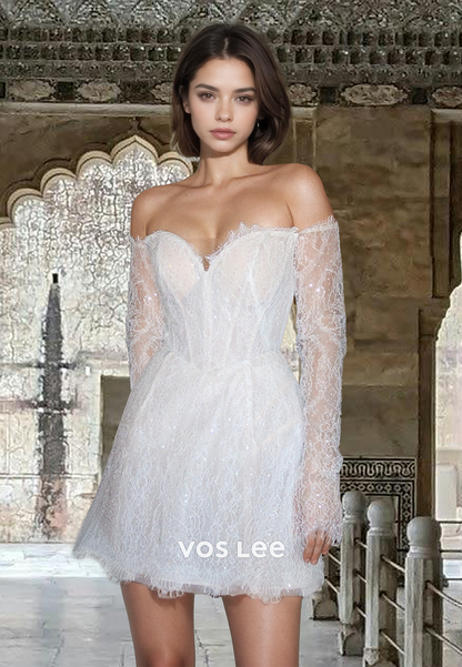Ornate Column Sweetheart Long Sleeves Short/Mini Lace Wedding Guest Dr VOS LEE Ornate Column Sweetheart Long Sleeves Short/Mini Lace Wedding Guest Dr VOS LEE