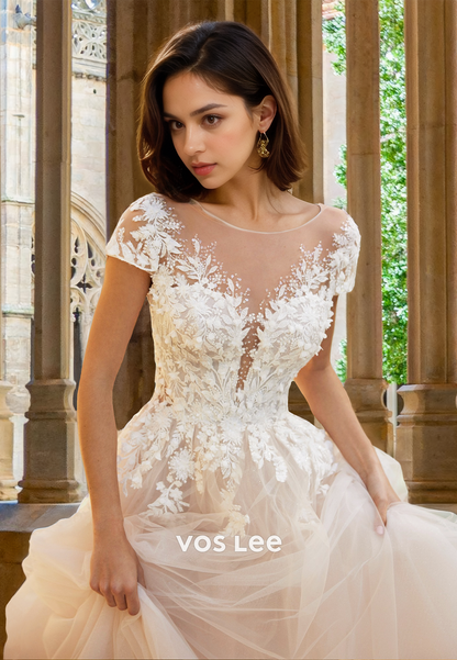 Classy A-Line V Neck Illusuon Short Sleeves Lace Appliques Tulle Wedding Gown