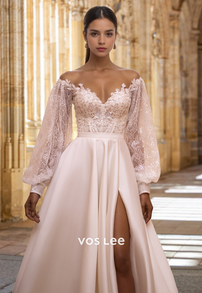 Elegant A-Line Off Shoulder Long Sleeves Lace Appliques Pleated Wedding Gown