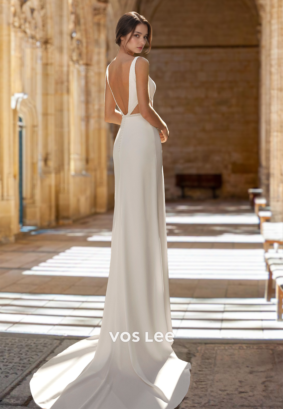 Simple Column V Neck Backless Court Train Draped Satin Wedding Bride Dress