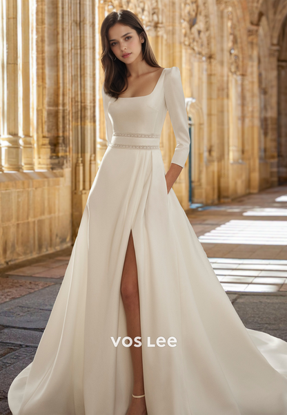 Vintage A-Line Square Neck Long Sleeves Satin Ruched Wedding Dress wit VOS LEE Vintage A-Line Square Neck Long Sleeves Satin Ruched Wedding Dress wit VOS LEE