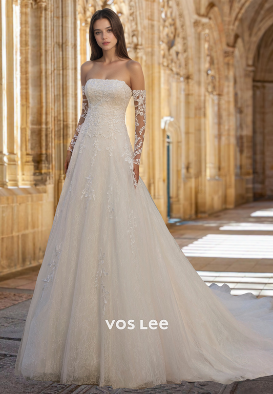 Graceful A-Line Strapless Long Sleeves Lace Appliques Tulle Wedding Gown