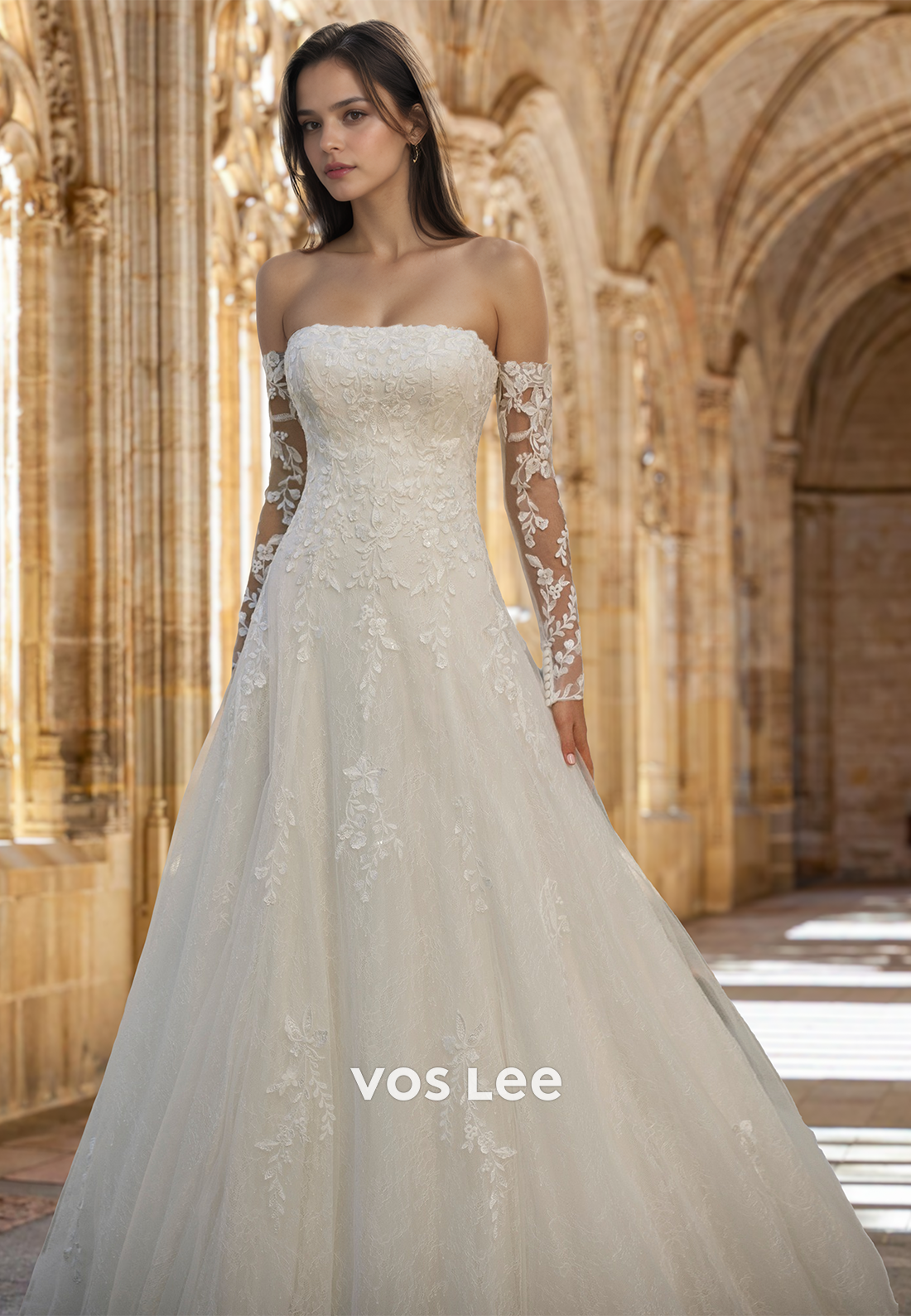 Graceful A-Line Strapless Long Sleeves Lace Appliques Tulle Wedding Gown