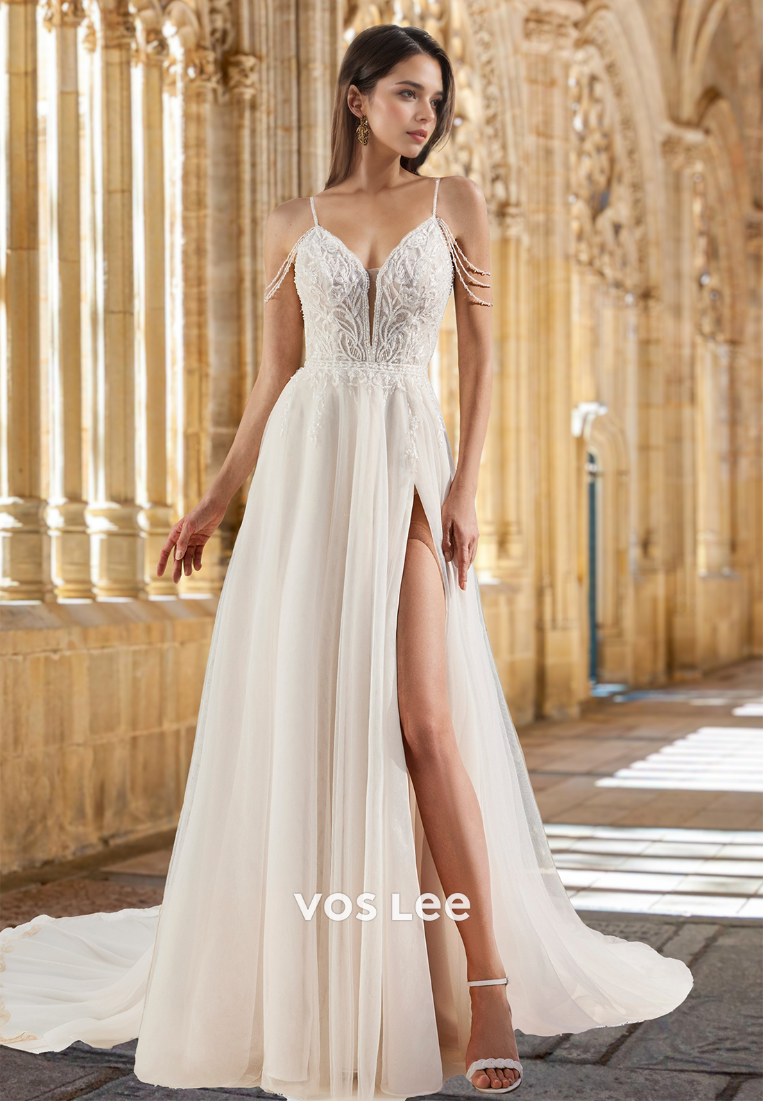 Ornate A-Line Off Shoulder Lace Up Appliques Court Train Tulle Wedding Dress