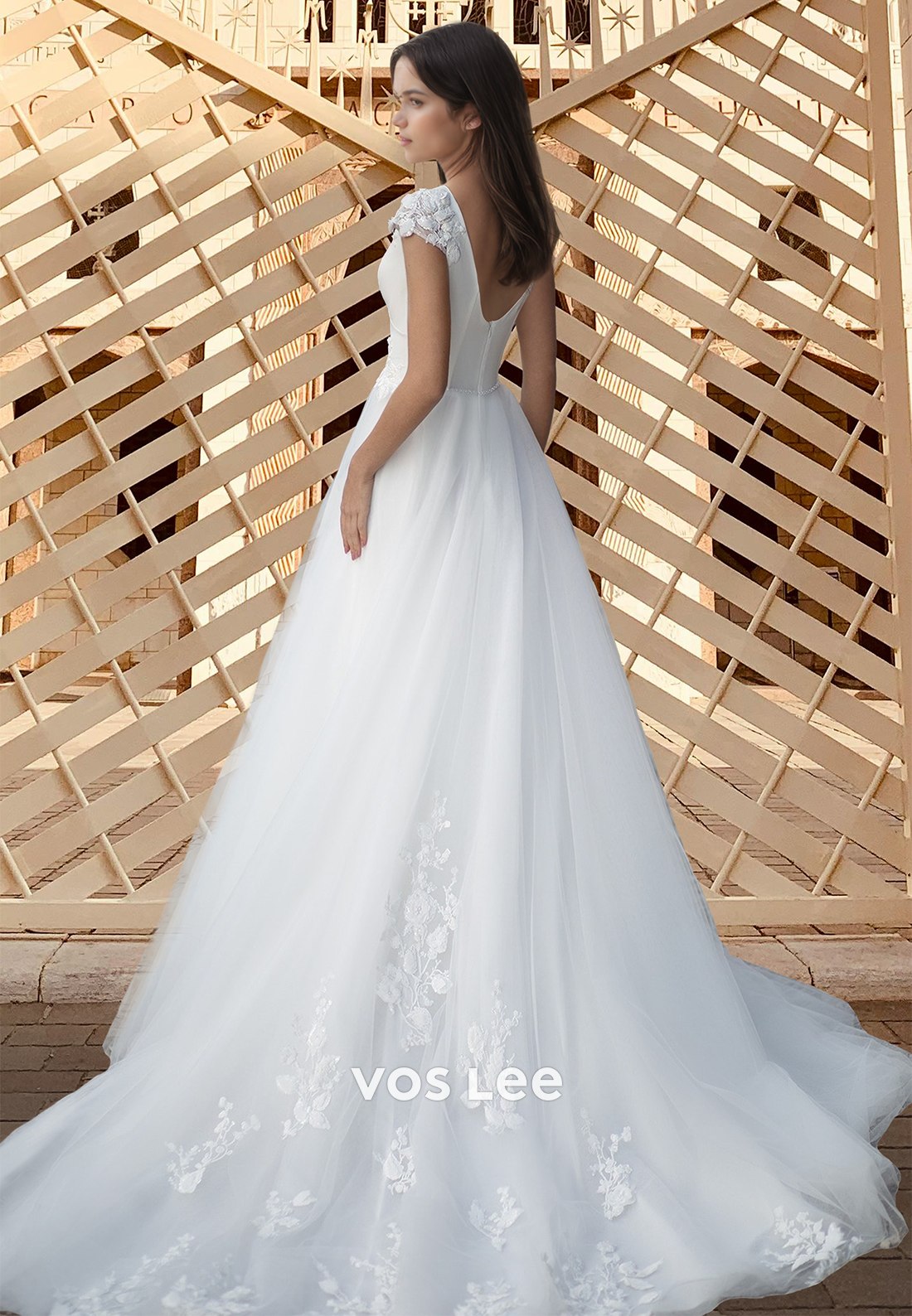 Charming A-Line V Neck Cap Sleeves Back Zipper Pleated Tulle Wedding Gown