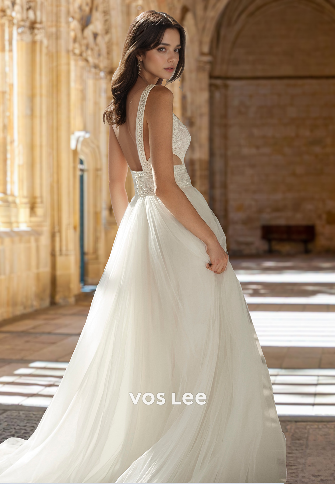 Ornate A-Line V Neck Spaghetti Straps Backless High Split Tulle Wedding Gown