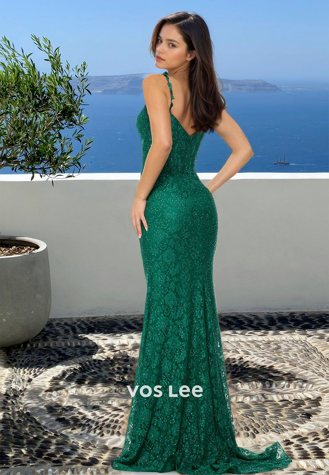 Vintage Sheath V Neck Illusion Dark Green Sweep Train Lace Prom Party Dress