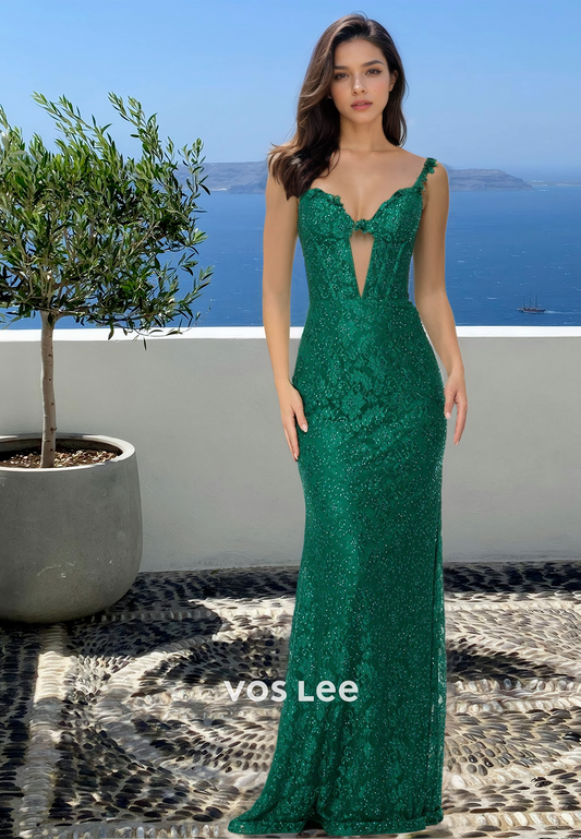 Vintage Sheath V Neck Illusion Dark Green Sweep Train Lace Prom Party Dress