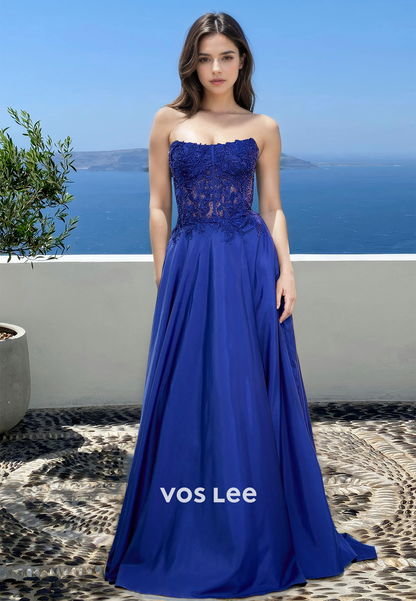 Royal Blue A-Line Strapless Back Zipper Lace Appliques Beaded Prom Formal Dress