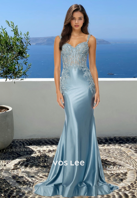 Gorgeous Sheath V Neck Spaghetti Straps Lace Appliques Mermaid Prom Evening Dress