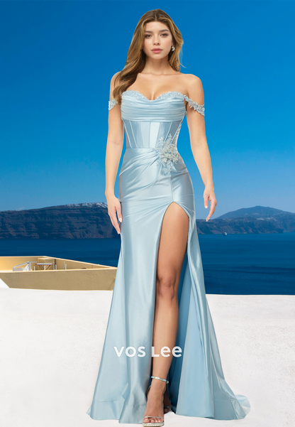 Elegant Column Off Shoulder Back Zipper Ruched Satin Prom Evening Dress