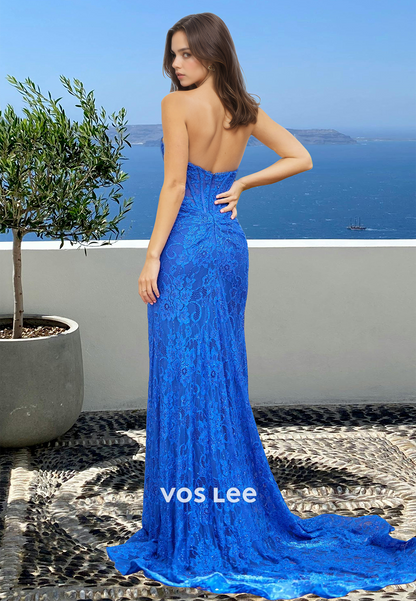 Classy Column Halter Sleeveless Sweep Train Backless Lace Prom Formal Dress