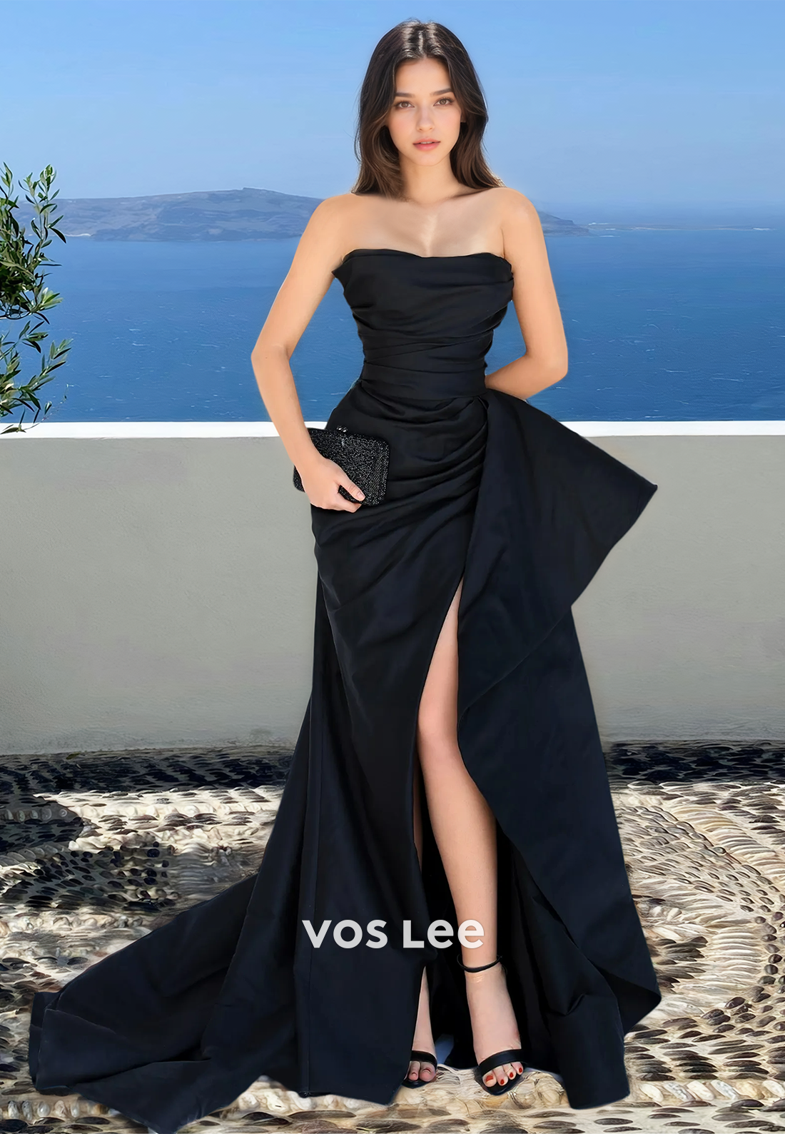 Sexy Strapless Column High Split Sweep Train Draped Satin Prom Formal Dress