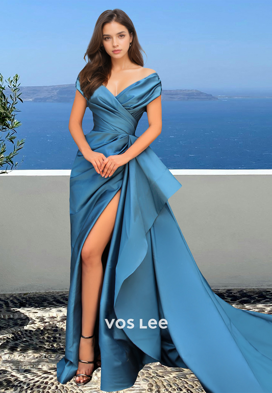 Elegant Off Shoulder Column Sweep Train Back Zipper Satin Prom Party Dress