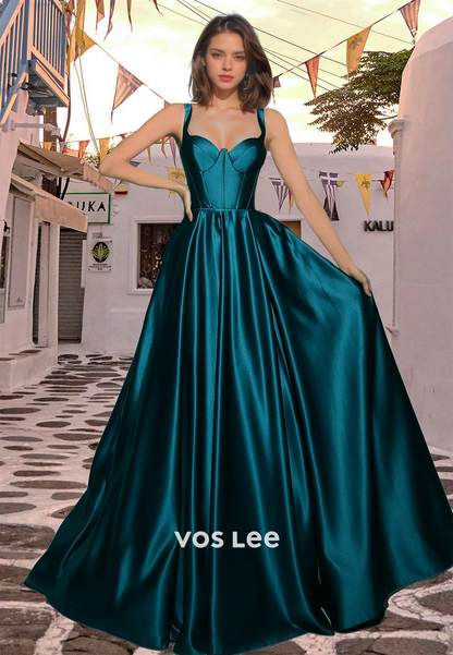 Vintage A-Line Sweetheart Pleated Sweep Train Satin Prom Evening Dress