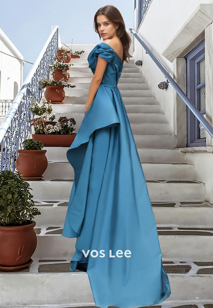 Elegant Off Shoulder Column Sweep Train Back Zipper Satin Prom Party Dress