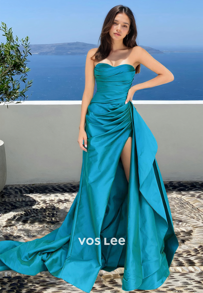 Sexy Strapless Column High Split Sweep Train Draped Satin Prom Formal Dress