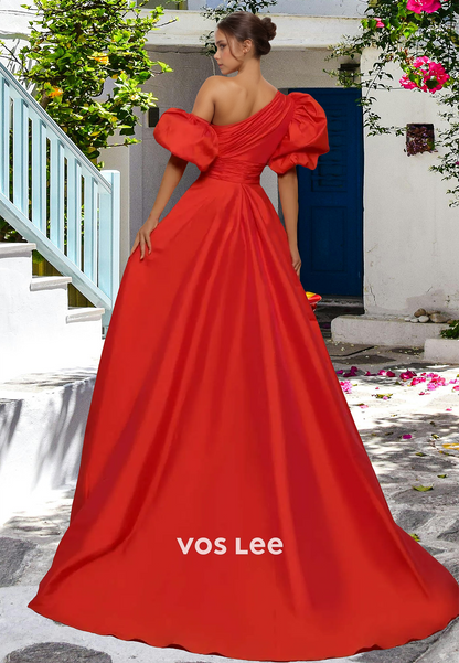 Charming A-Line One Shoulder Puff Sleeves Red Satin Pleated Prom Party Dress