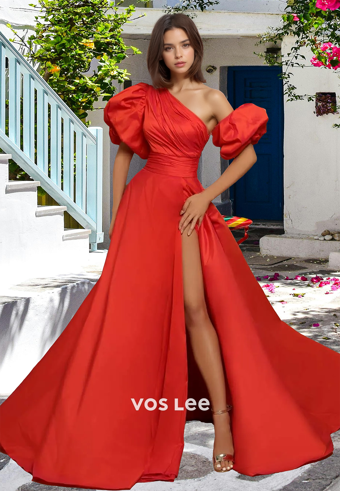 Charming A-Line One Shoulder Puff Sleeves Red Satin Pleated Prom Party Dress