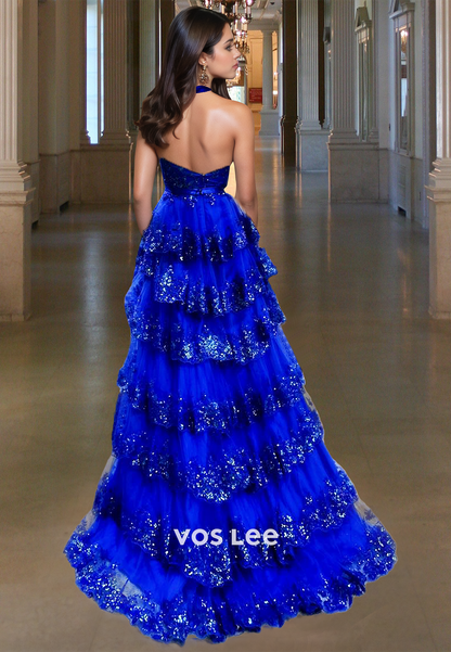 Luxury A-Line Halter Backless Tiered Tulle Sequins Prom Party Dress with Split