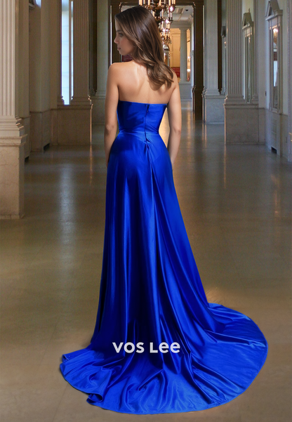 Simple Sheath Strapless Back Zipper Sweep Train Draped Satin Prom Formal Dress