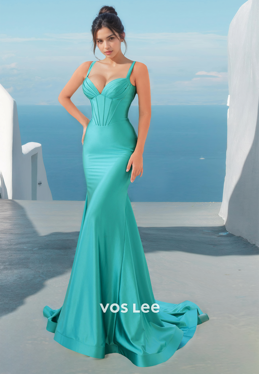 Mermaid Column V Neck Spaghetti Straps Pleated Sweep Train Prom Evening Dress