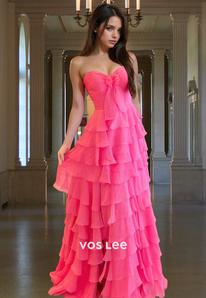 Unique Sweetheart Fuchsia Back Zipper Bow Tiered Satin Prom Pageant Dress