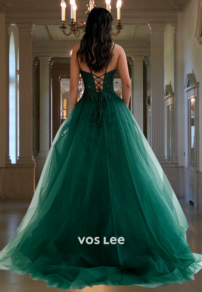 Gorgeous A-Line V Neck Lace Up Beaded Sleeveless Tulle Prom Birthday Dress