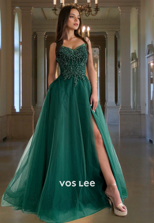 Gorgeous A-Line V Neck Lace Up Beaded Sleeveless Tulle Prom Birthday Dress