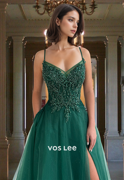 Gorgeous A-Line V Neck Lace Up Beaded Sleeveless Tulle Prom Birthday Dress