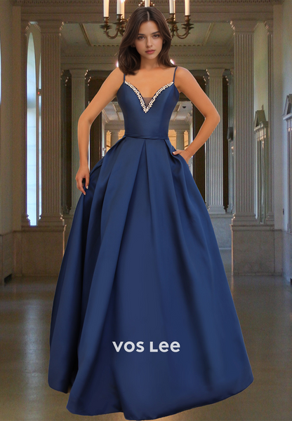 Elegant A-Line V Neck Back Zipper Pleated Satin Sequins Prom Formal Dress