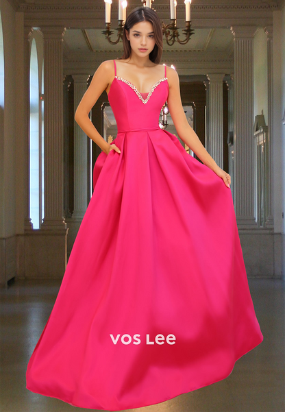 Elegant A-Line V Neck Back Zipper Pleated Satin Sequins Prom Formal Dress