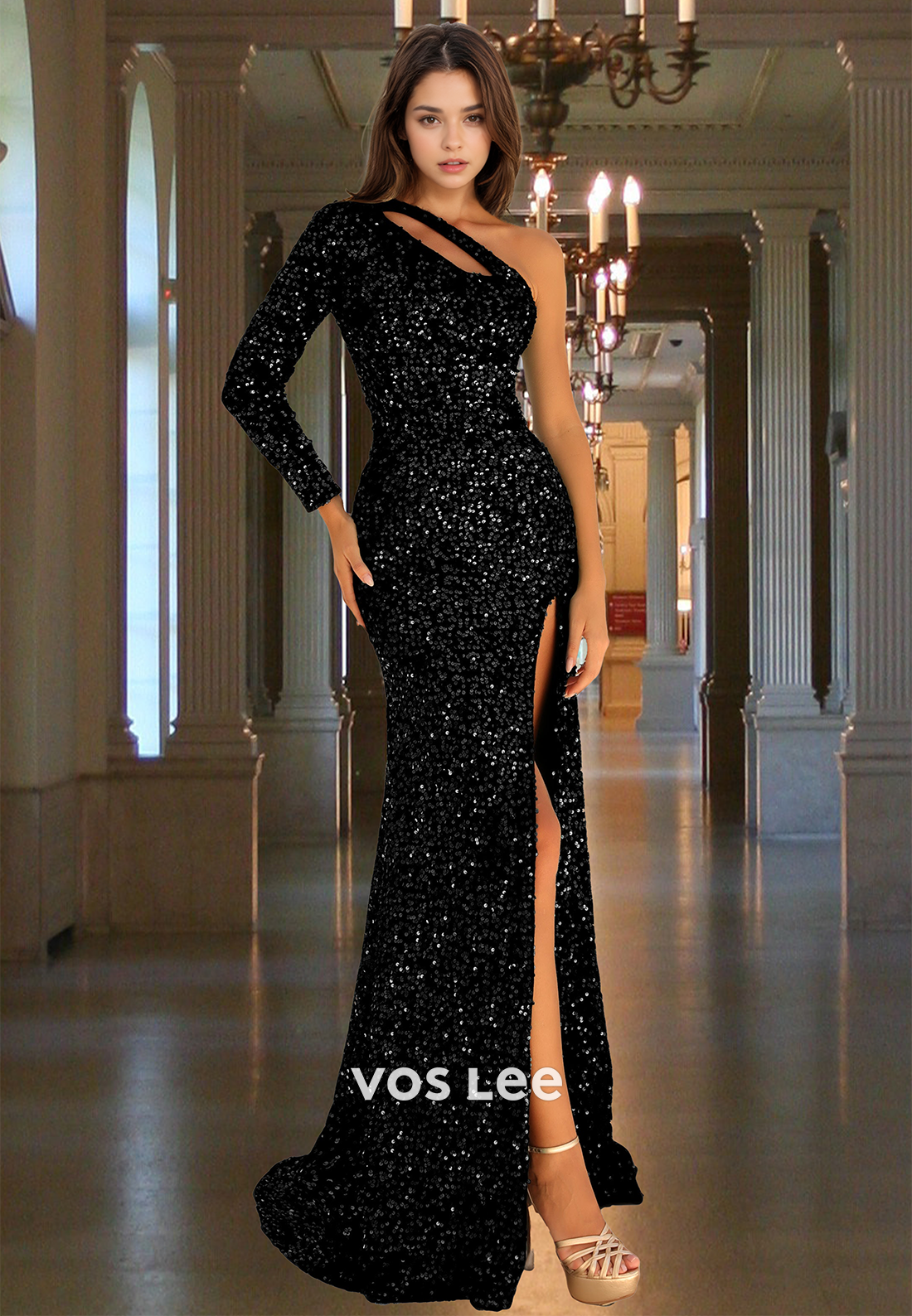 Sparkly Column One Shoulder Long Sleeves High Split Sequins Prom Party Dress