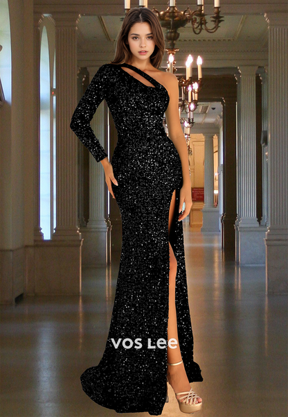 Sparkly Column One Shoulder Long Sleeves High Split Sequins Prom Party Dress