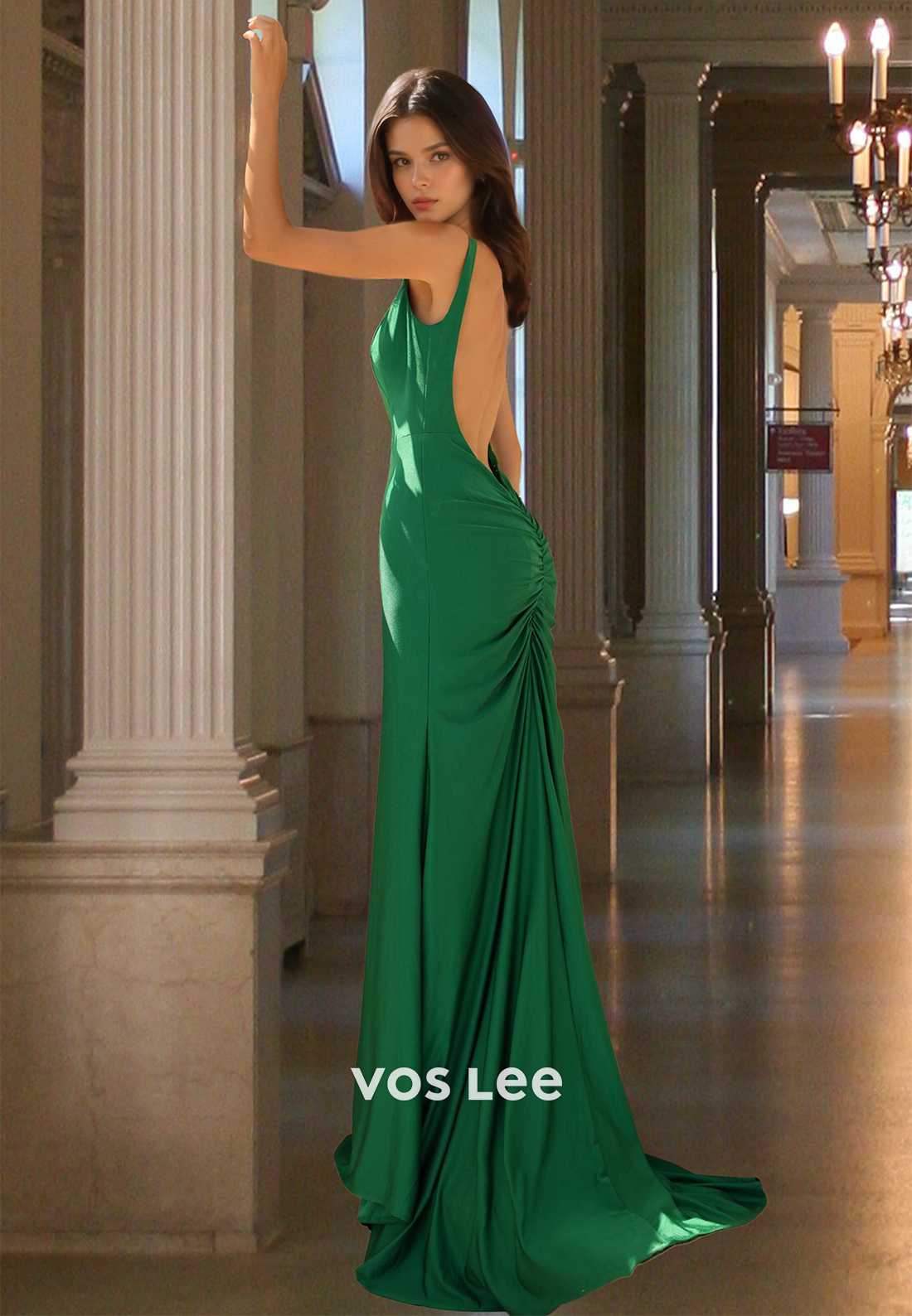 Dark Green V Neck Illusion Backless High Split Sweep Train Prom Formal Dress