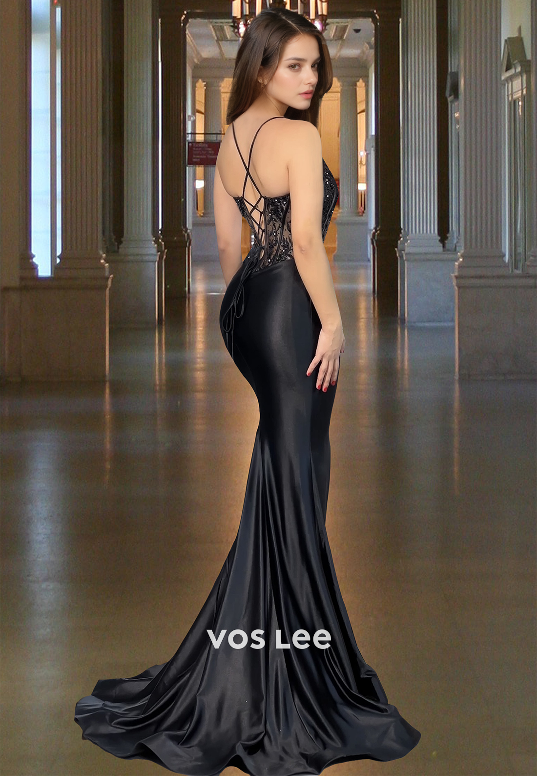 Mermaid Black V Neck Lace Up Appliques Ruched Sheath Satin Prom Evening Dress