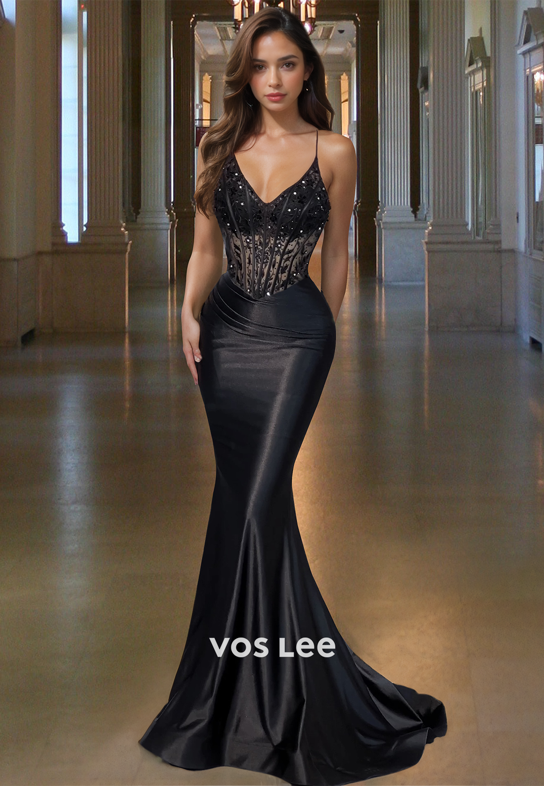 Mermaid Black V Neck Lace Up Appliques Ruched Sheath Satin Prom Evening Dress