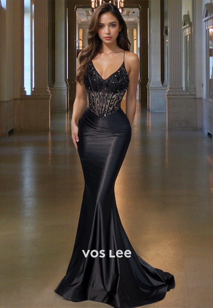 Mermaid Black V Neck Lace Up Appliques Ruched Sheath Satin Prom Evening Dress