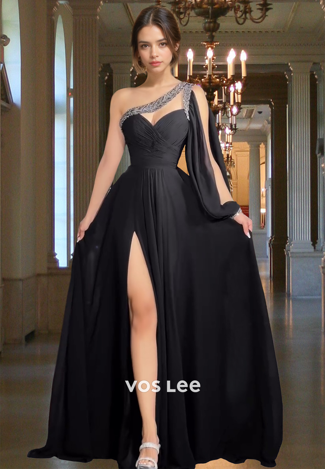 Unique A-Line One Shoulder Back Zipper Pleated Sweep Train Prom Party Dress