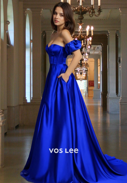 Modest A-Line Off Shoulder Royal Blue Back Zipper Prom Formal Dress with Split