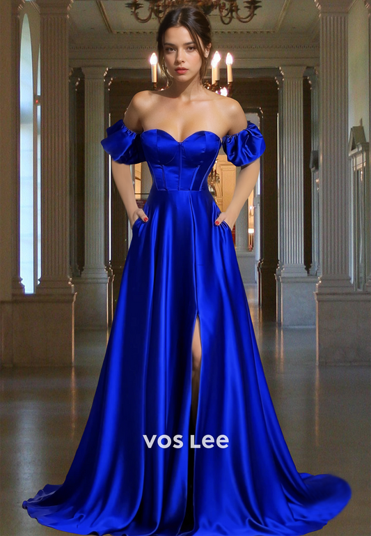 Modest A-Line Off Shoulder Royal Blue Back Zipper Prom Formal Dress with Split