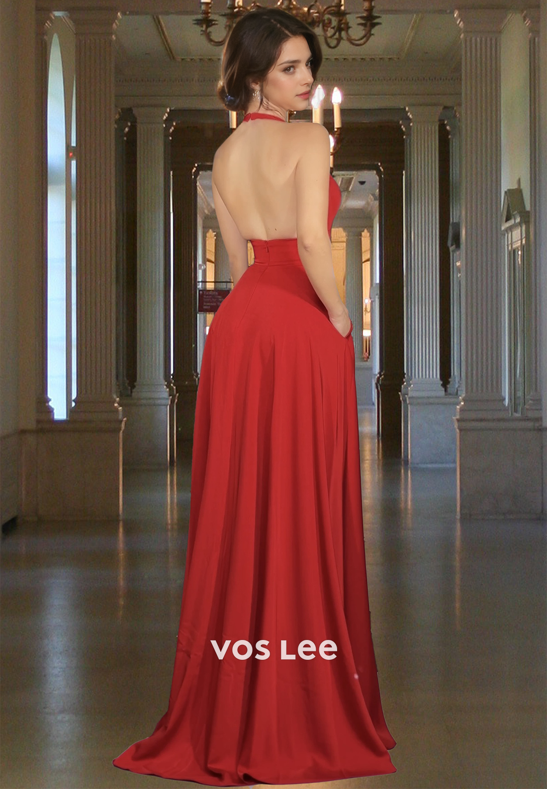 Simple Halter Backless Red Sleeveless High Split Pleated Satin Prom Formal Dress