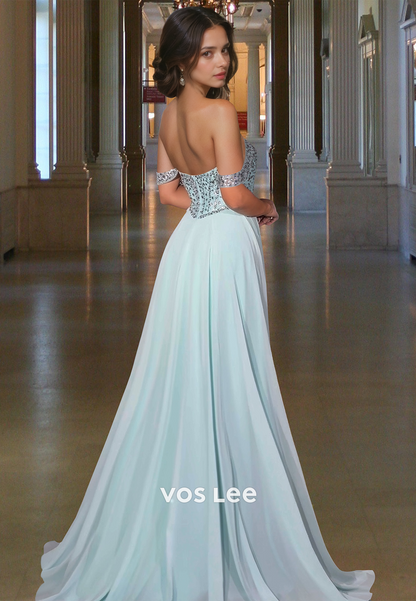 Sparkly Off Shoulder Sleeveless Back Zipper Sweep Train Beaded Prom Formal Dress