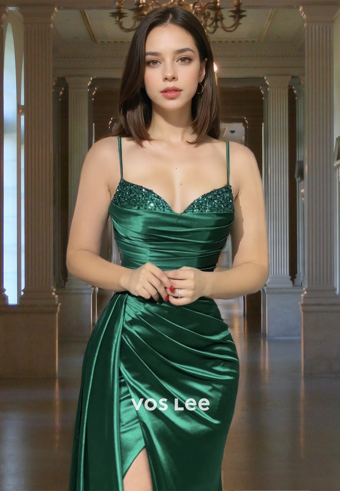 Ornate Column V Neck Lace Up Sleeveless Side Split Dark Green Satin Prom Party Dress