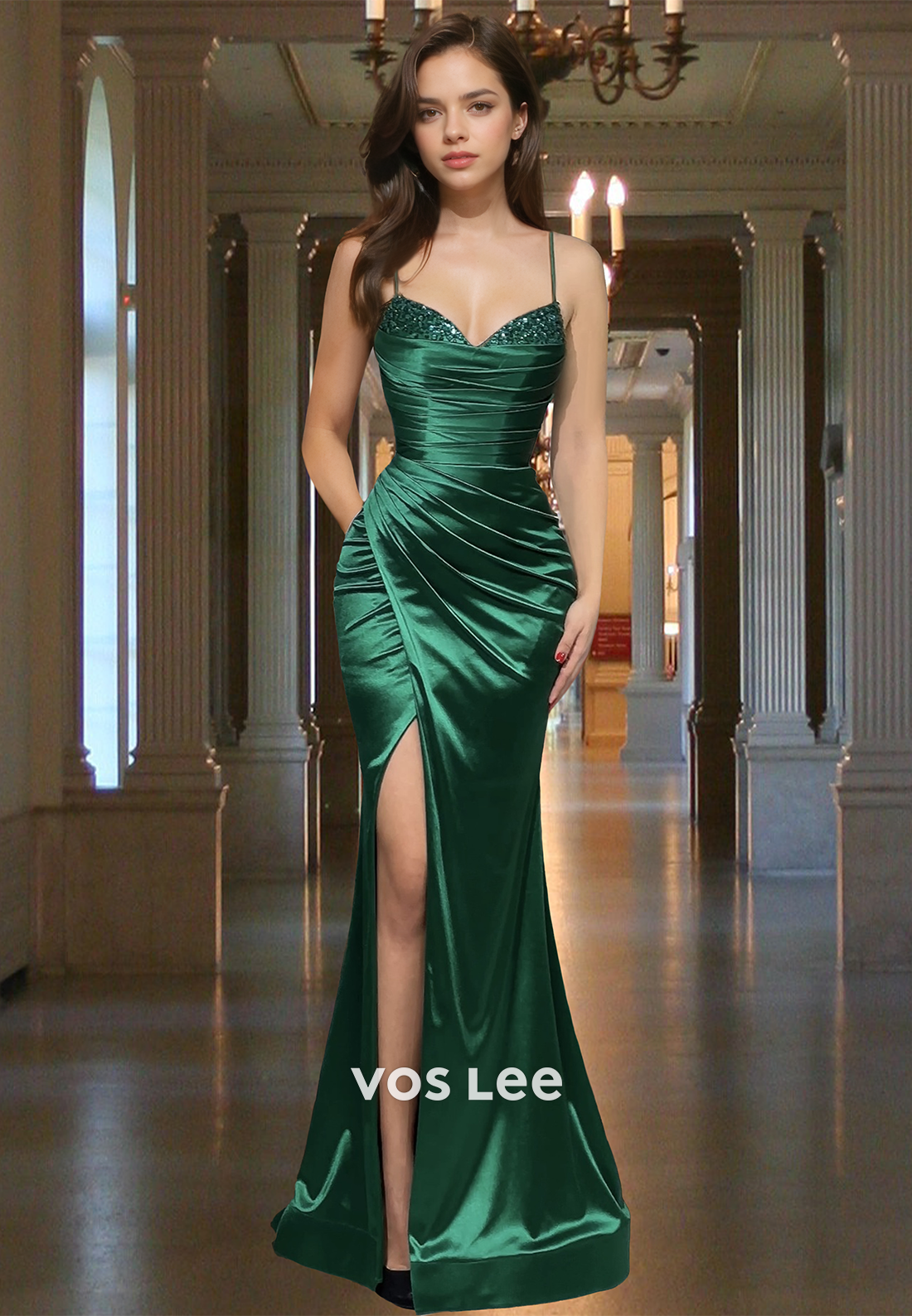 Ornate Column V Neck Lace Up Sleeveless Side Split Dark Green Satin Prom Party Dress